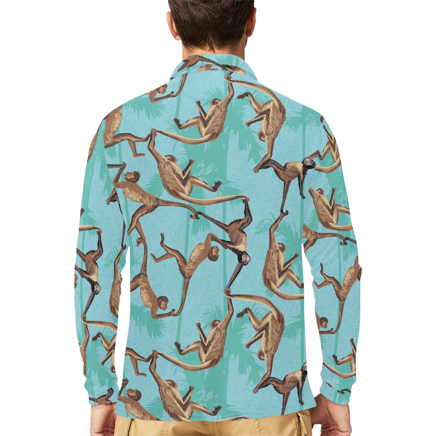 Monkey Pattern Print Design 04 Long Sleeve Polo Shirt For Men's