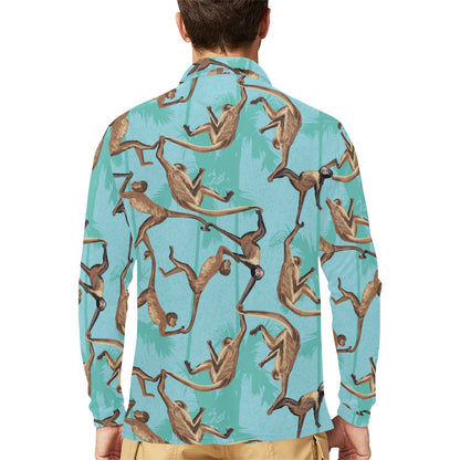 Monkey Pattern Print Design 04 Long Sleeve Polo Shirt For Men's