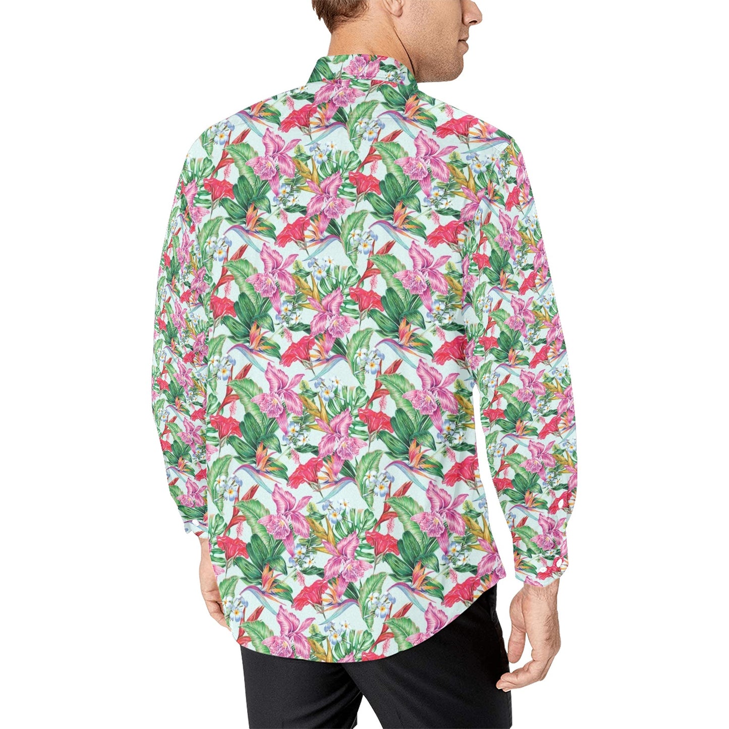 Tropical Flower Print Design LKS304 Men's Long Sleeve Dress Shirt