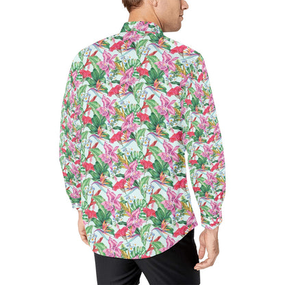 Tropical Flower Print Design LKS304 Men's Long Sleeve Dress Shirt