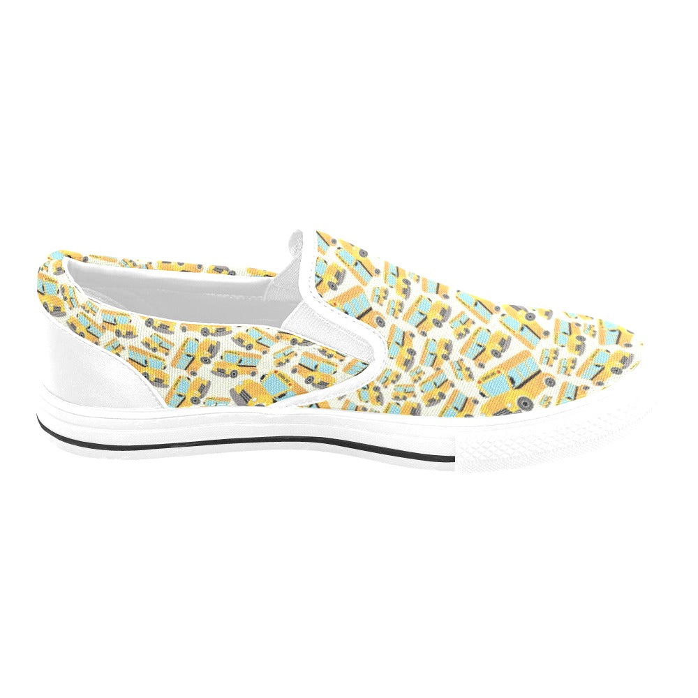 School Bus Print Design LKS301 White Slip Ons Canvas Women's Shoes