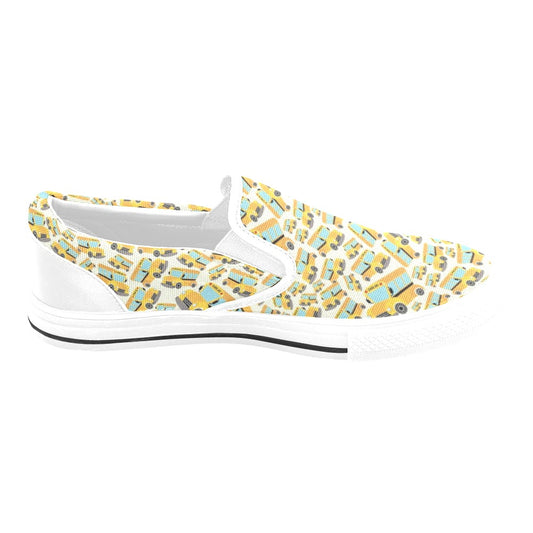 School Bus Print Design LKS301 White Slip Ons Canvas Women's Shoes