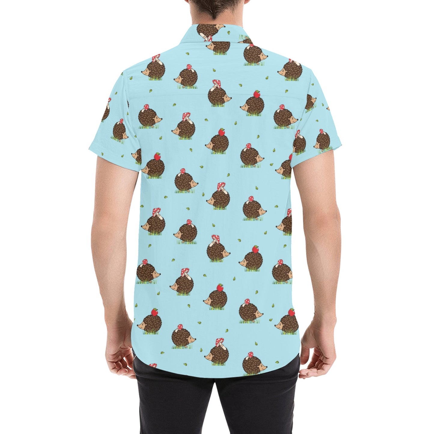 Hedgehog Print Design LKS402 Men Short Sleeve Button Up Shirt