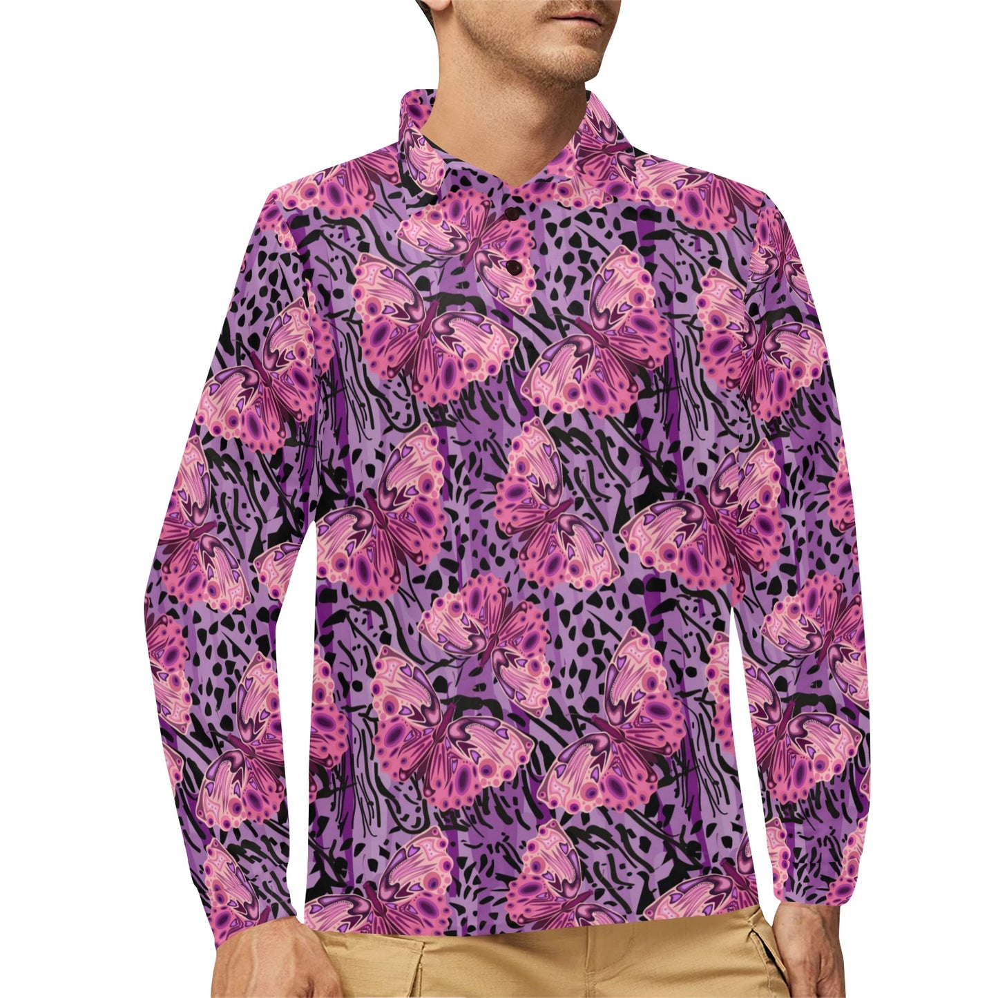 Purple Butterfly Leopard Long Sleeve Polo Shirt For Men's