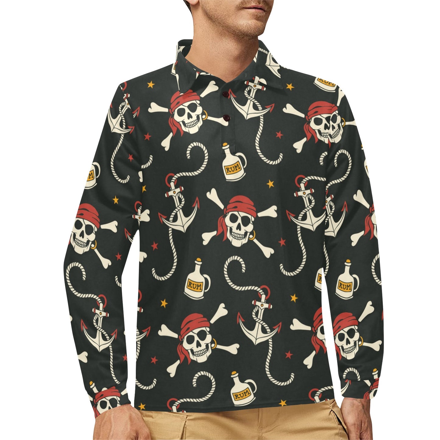Pirate Pattern Print Design A02 Long Sleeve Polo Shirt For Men's