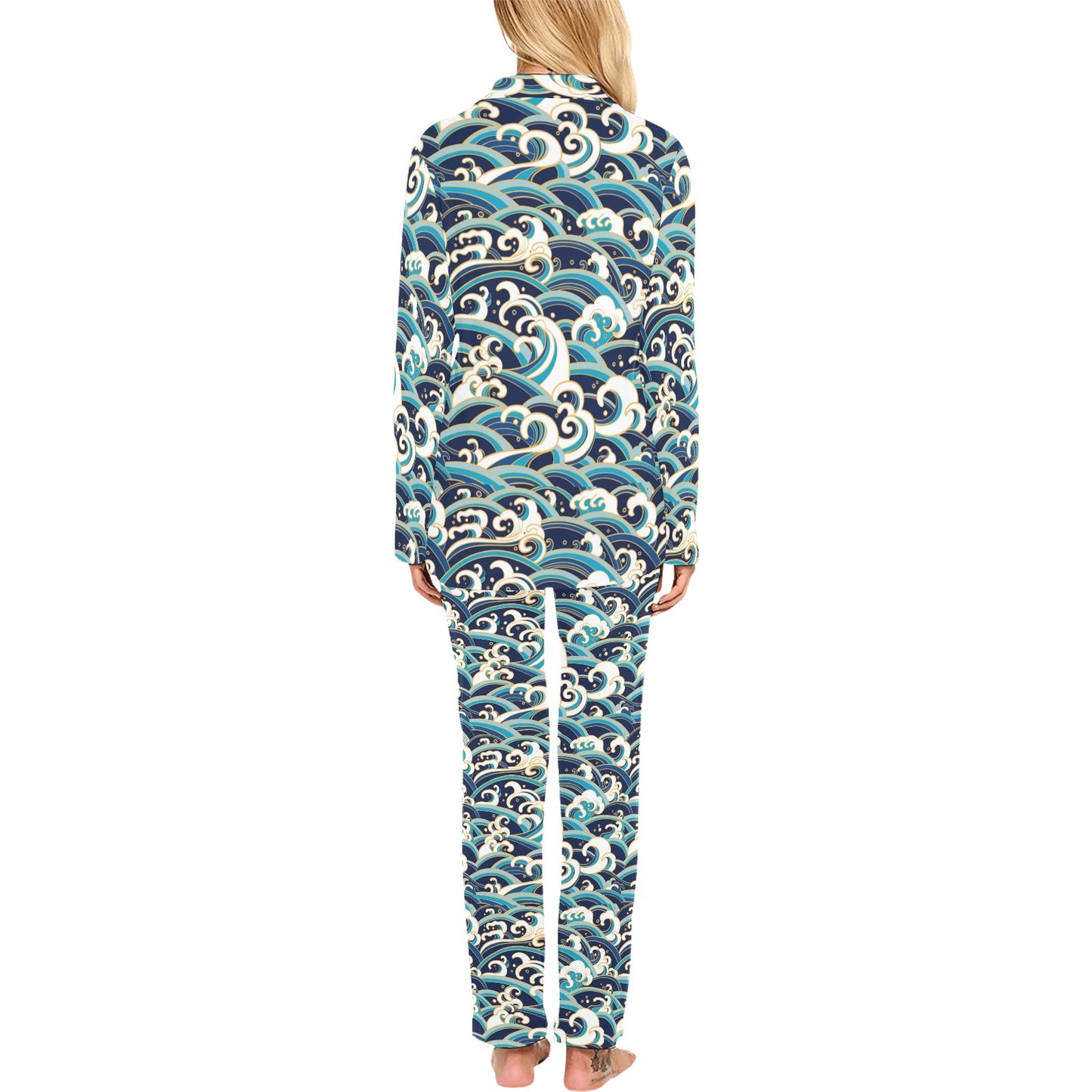 Surf Wave Pattern Women's Long Pajama Set