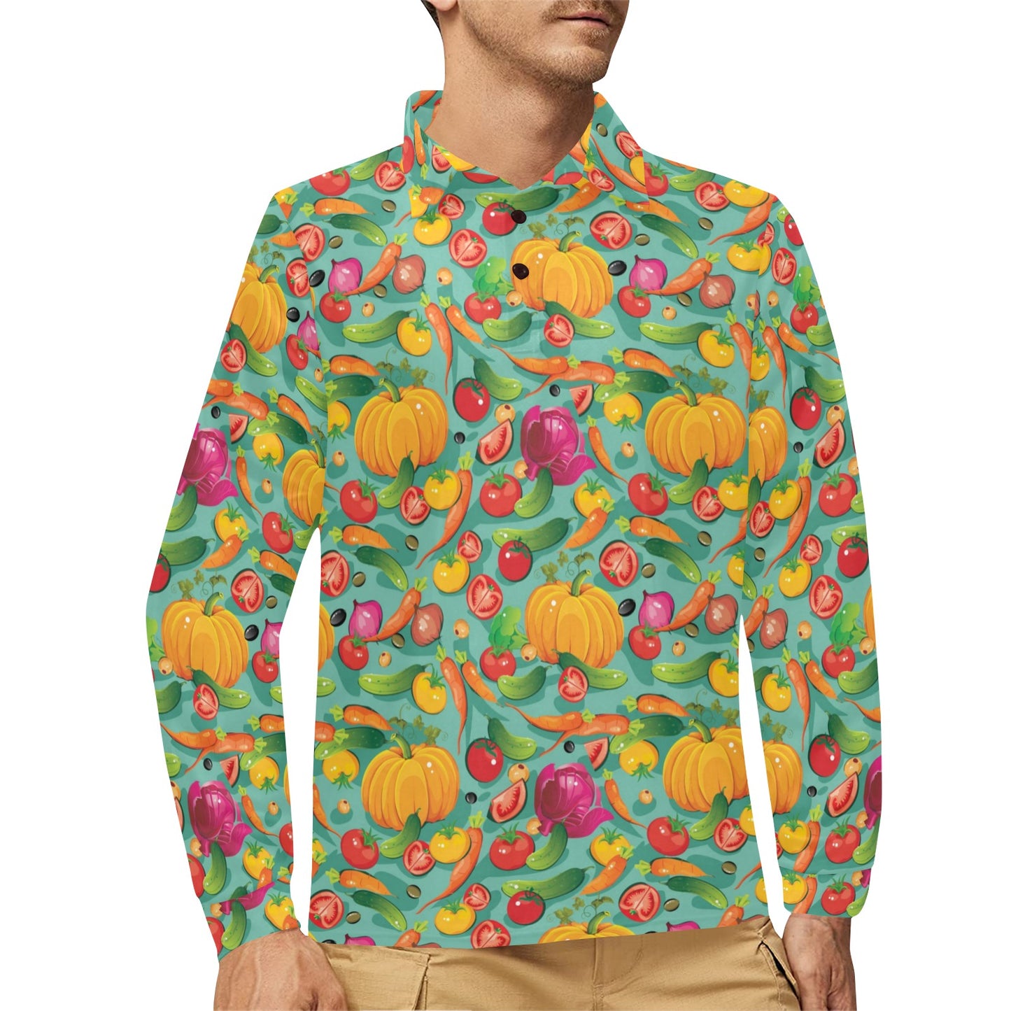 Vegan Colorful Themed Design Print Long Sleeve Polo Shirt For Men's