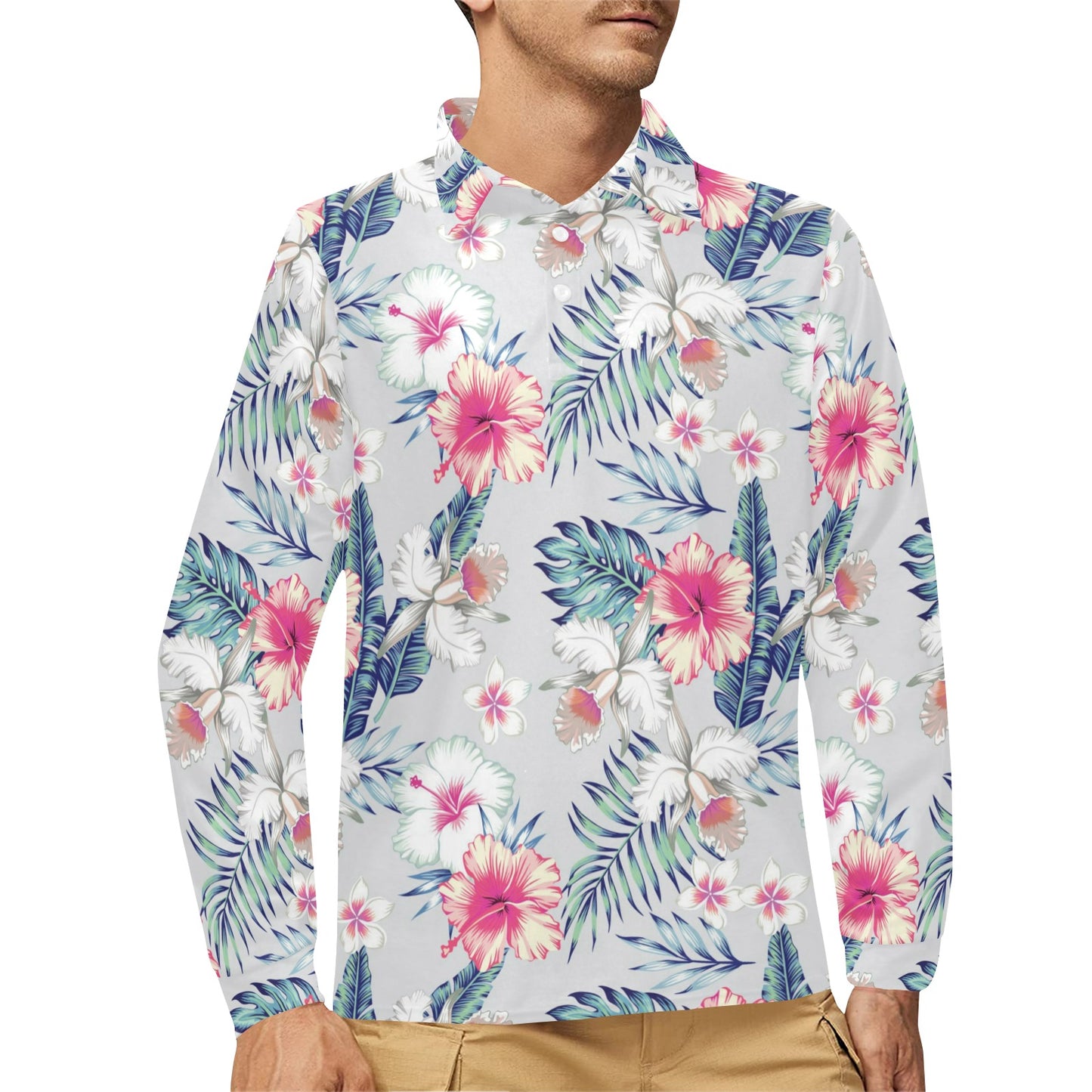 Hibiscus Print Long Sleeve Polo Shirt For Men's