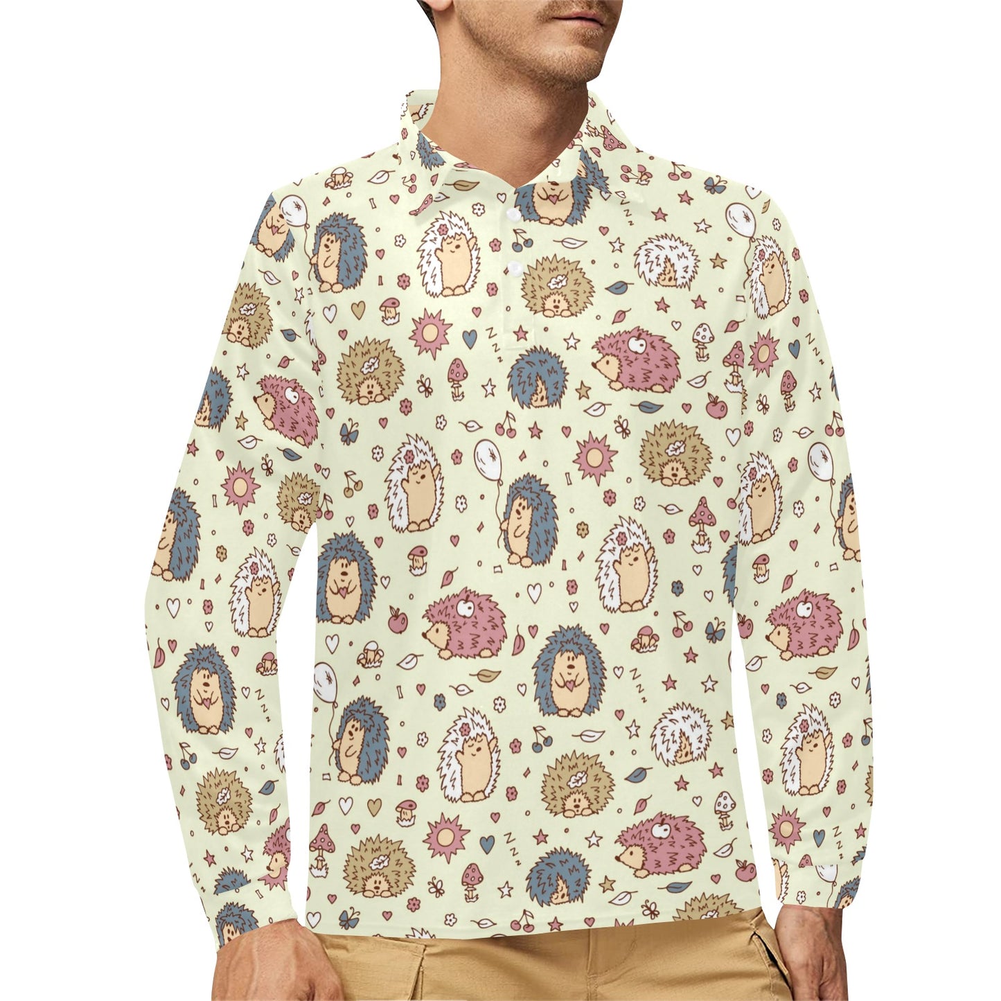 Hedgehog Cute Pattern Print Design 01 Long Sleeve Polo Shirt For Men's