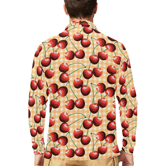 Cherry Orange Plaid Print Long Sleeve Polo Shirt For Men's
