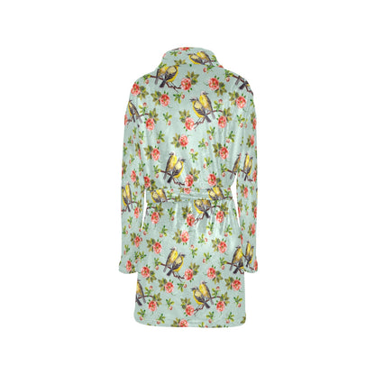 Bird with Red Flower Print Pattern Women's Fleece Robe