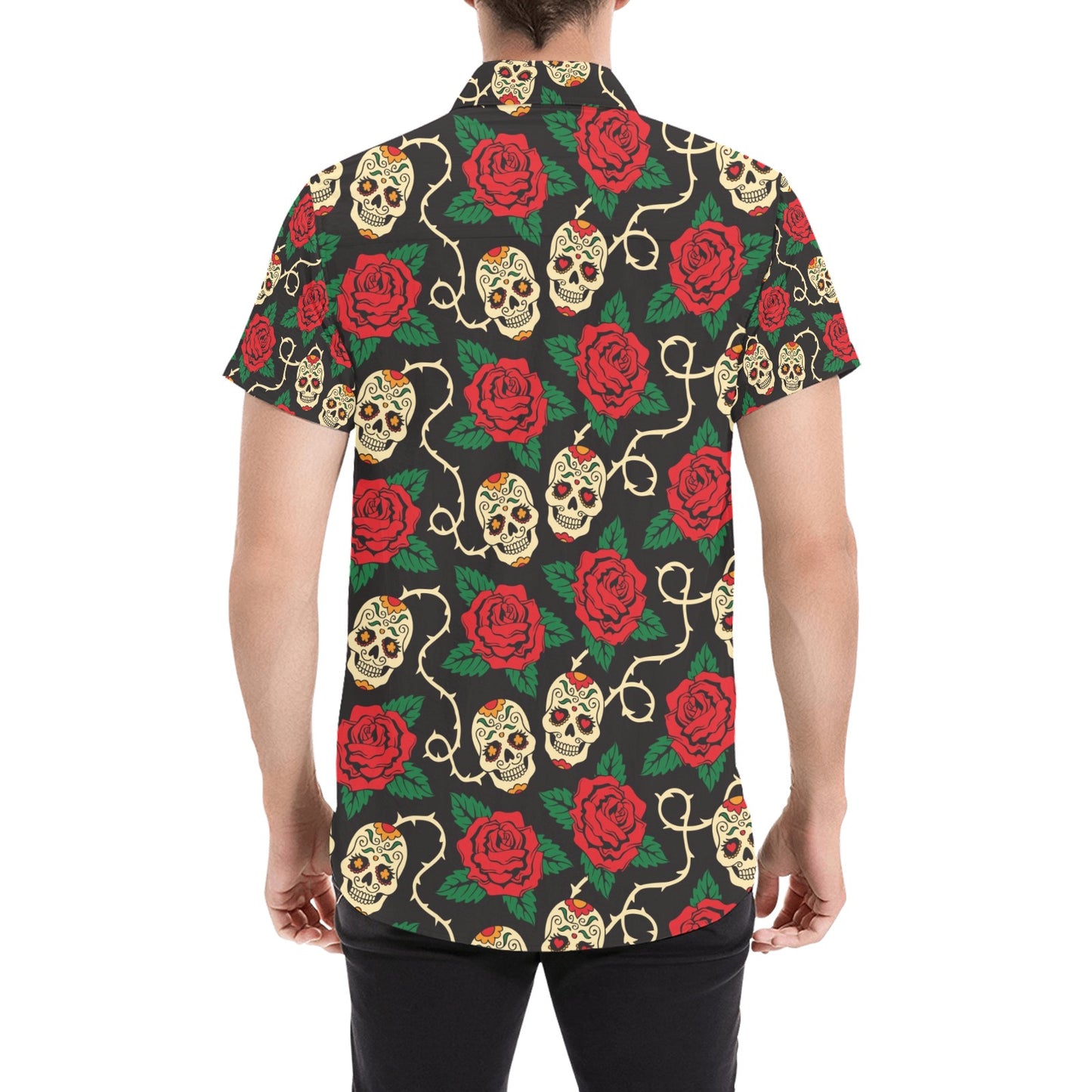 Sugar Skull Red Rose Print Design LKS301 Men Short Sleeve Button Up Shirt