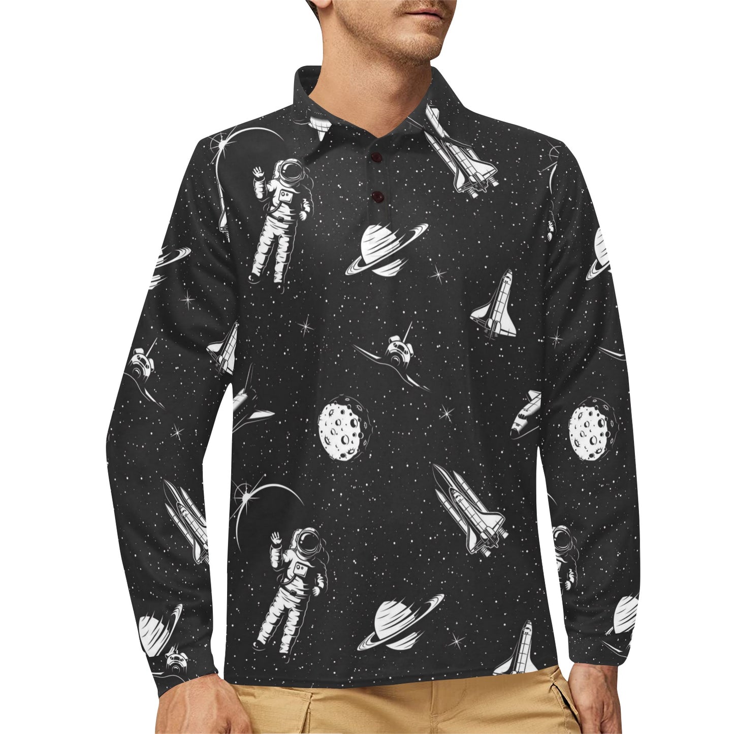 Space Pattern Long Sleeve Polo Shirt For Men's