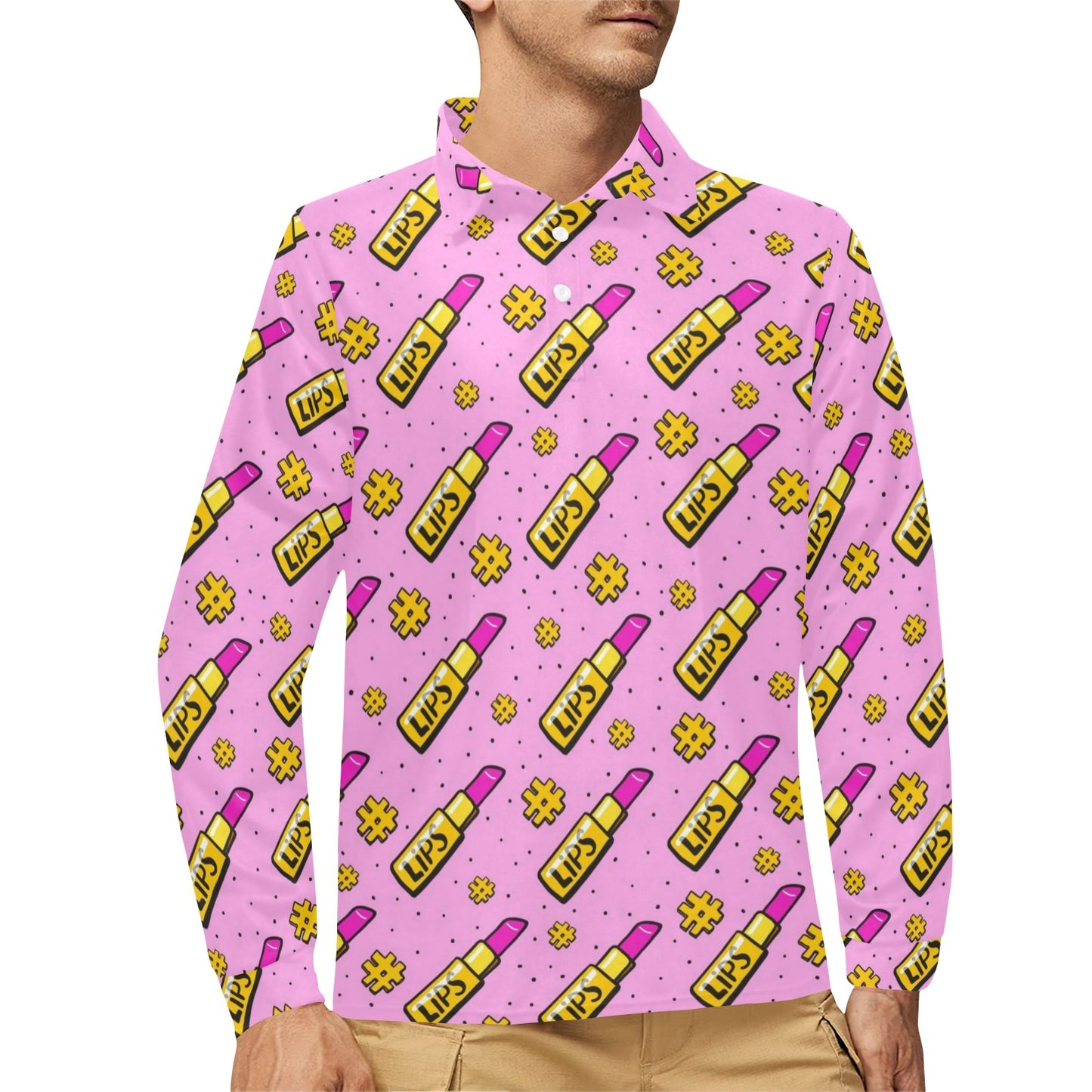 Lipstick Pattern Print Design LT03 Long Sleeve Polo Shirt For Men's