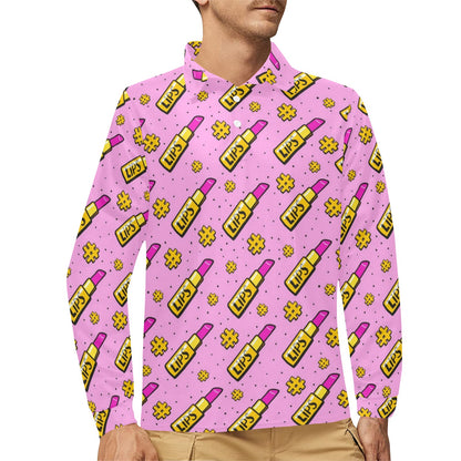 Lipstick Pattern Print Design LT03 Long Sleeve Polo Shirt For Men's