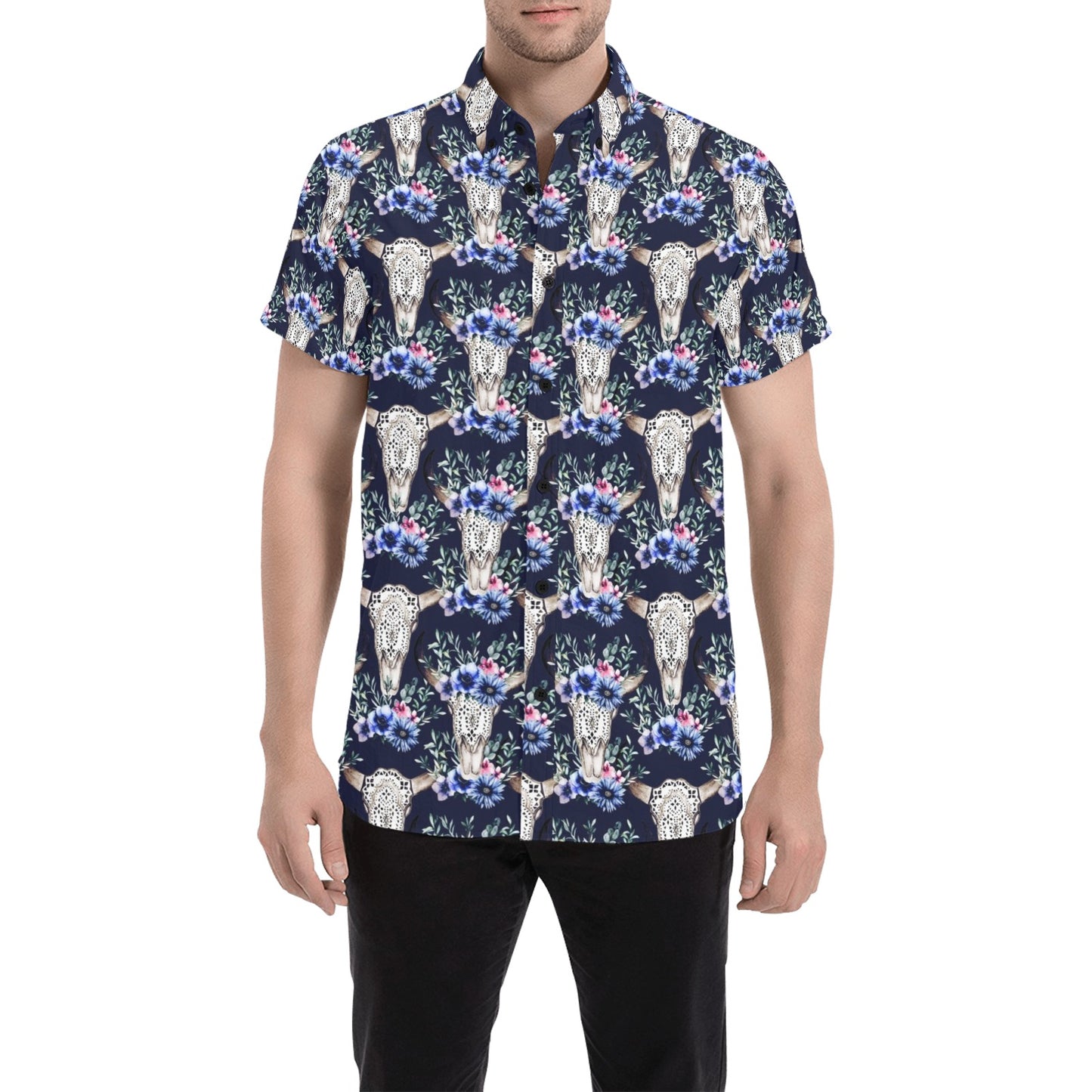 Buffalo Head Print Design LKS402 Men Short Sleeve Button Up Shirt