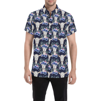 Buffalo Head Print Design LKS402 Men Short Sleeve Button Up Shirt
