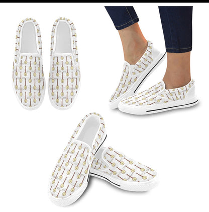 Banjo Print Design LKS402 White Slip Ons Canvas Women's Shoes