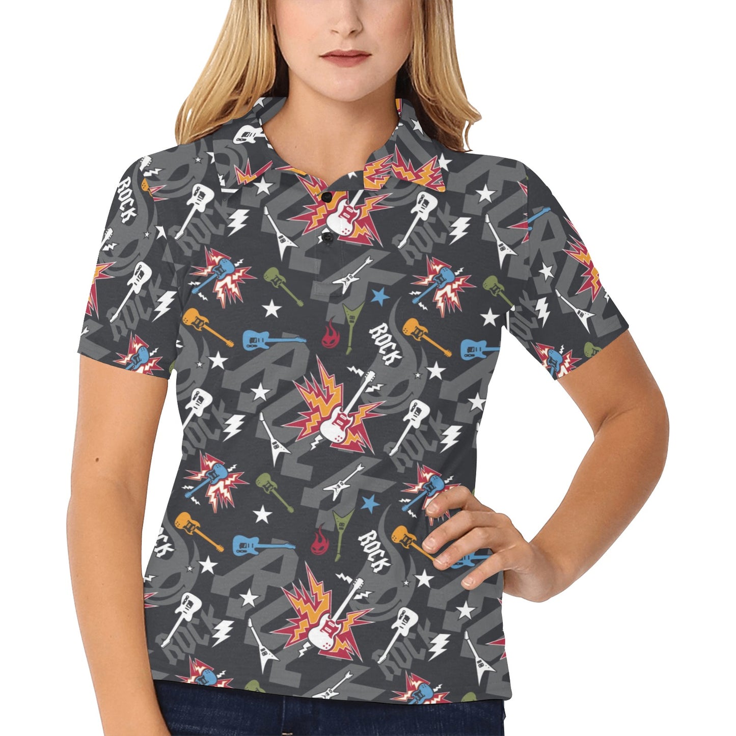 Rock and Roll Pattern Print Design A01 Women's Polo Shirt