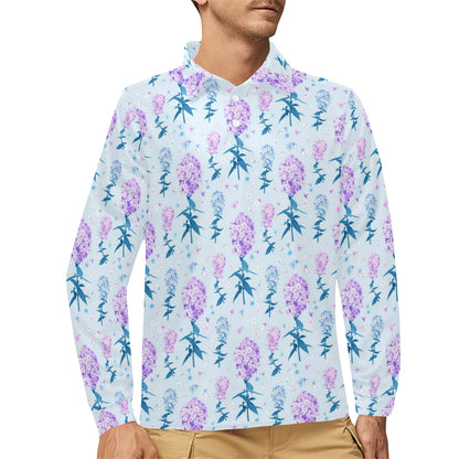 Lilac Pattern Print Design LI05 Long Sleeve Polo Shirt For Men's