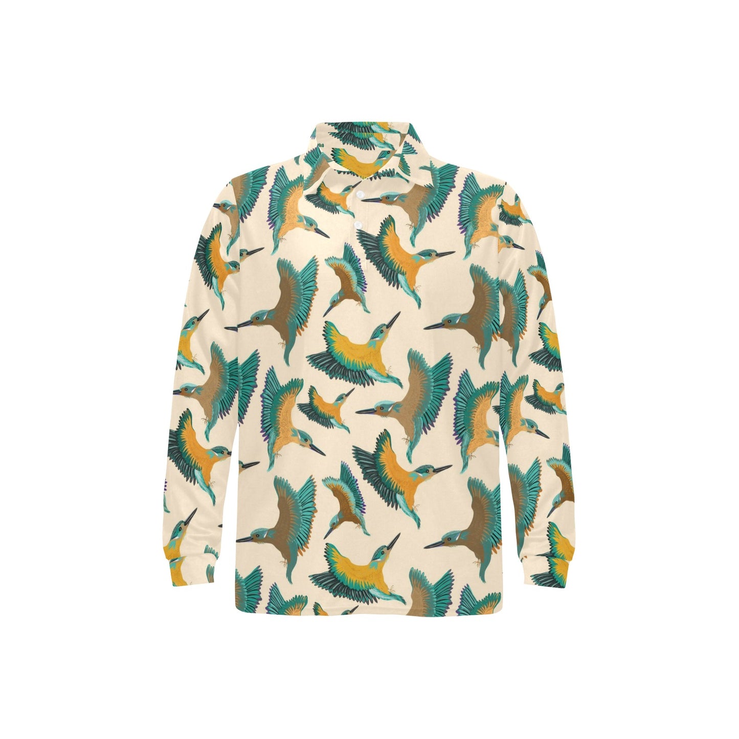 Kingfisher Pattern Print Design 02 Long Sleeve Polo Shirt For Men's