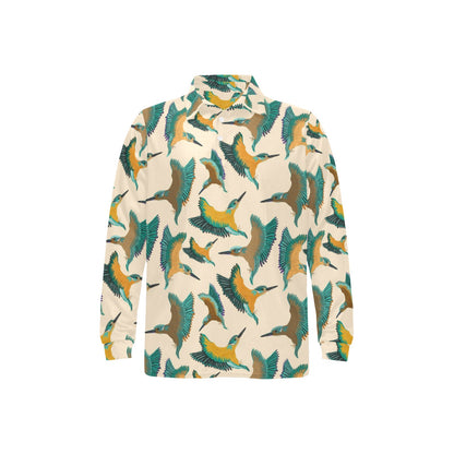 Kingfisher Pattern Print Design 02 Long Sleeve Polo Shirt For Men's