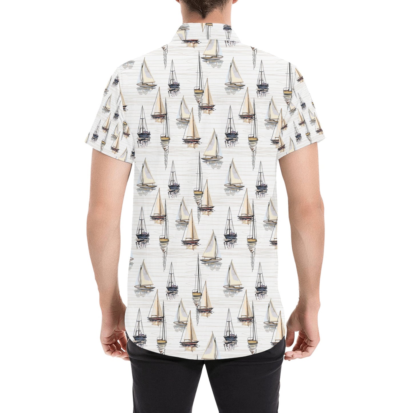 Sailboat Paint Pattern Print Design LKS307 Men Short Sleeve Button Up Shirt