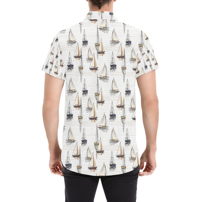 Sailboat Paint Pattern Print Design LKS307 Men Short Sleeve Button Up Shirt
