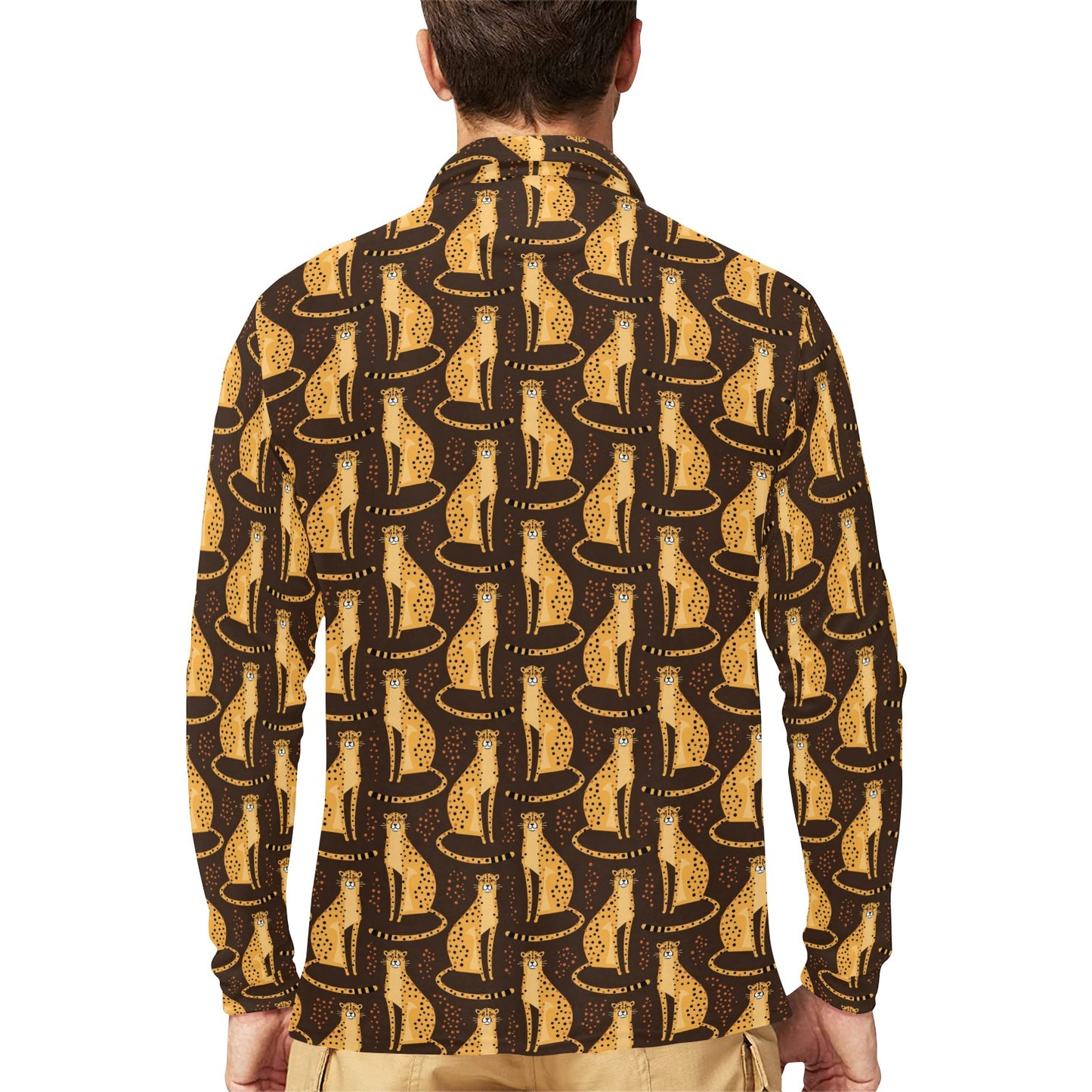 Cheetah Pattern Print Design 03 Long Sleeve Polo Shirt For Men's