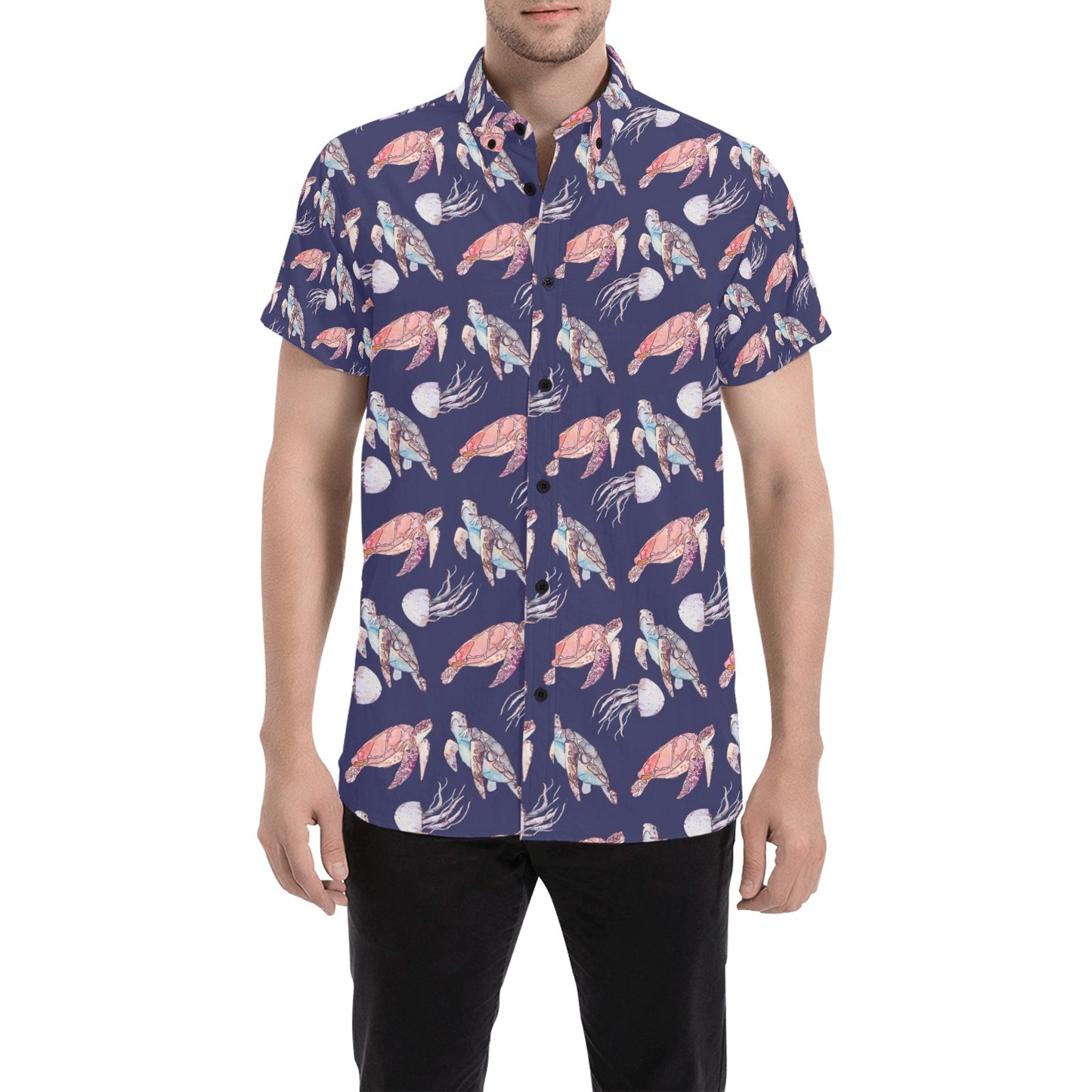 Sea Turtle With Jelly Fish Print Design LKS301 Men Short Sleeve Button Up Shirt