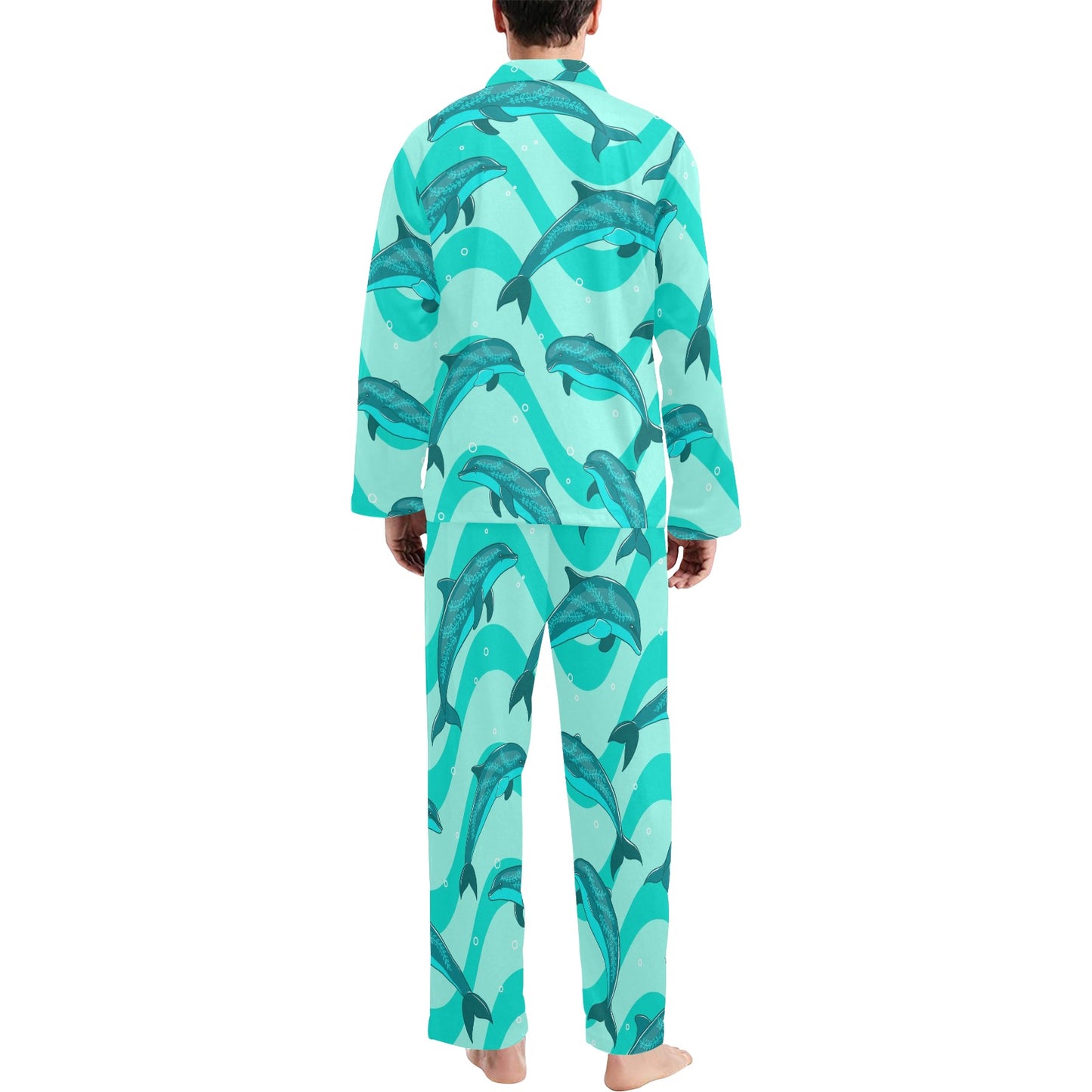 Dolphin Wave Print Men's Long Pajama Set