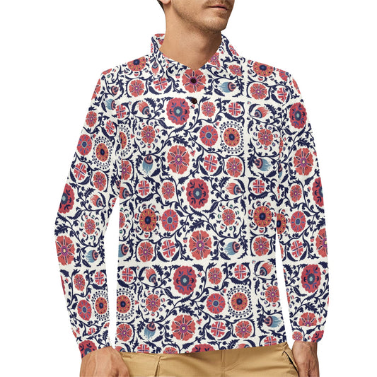 Suzani Print Design LKS304 Long Sleeve Polo Shirt For Men's
