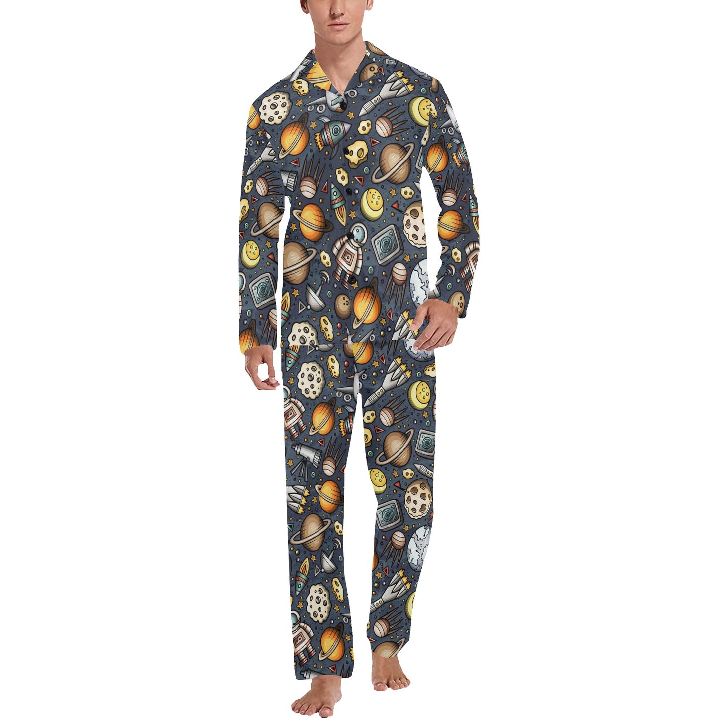 Space Pattern Print Men's Long Pajama Set