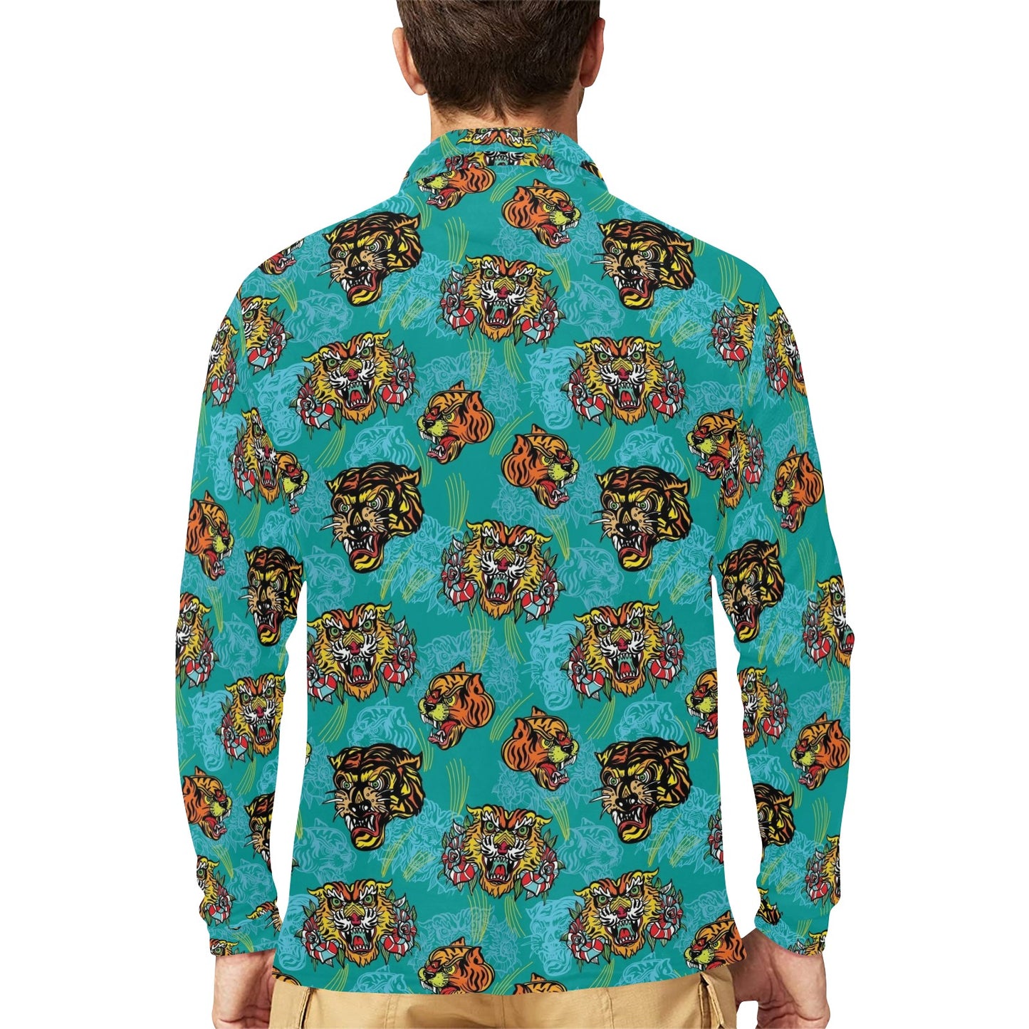 Tattoo Tiger Head Print Design LKS304 Long Sleeve Polo Shirt For Men's