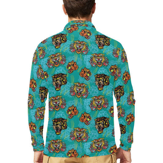 Tattoo Tiger Head Print Design LKS304 Long Sleeve Polo Shirt For Men's