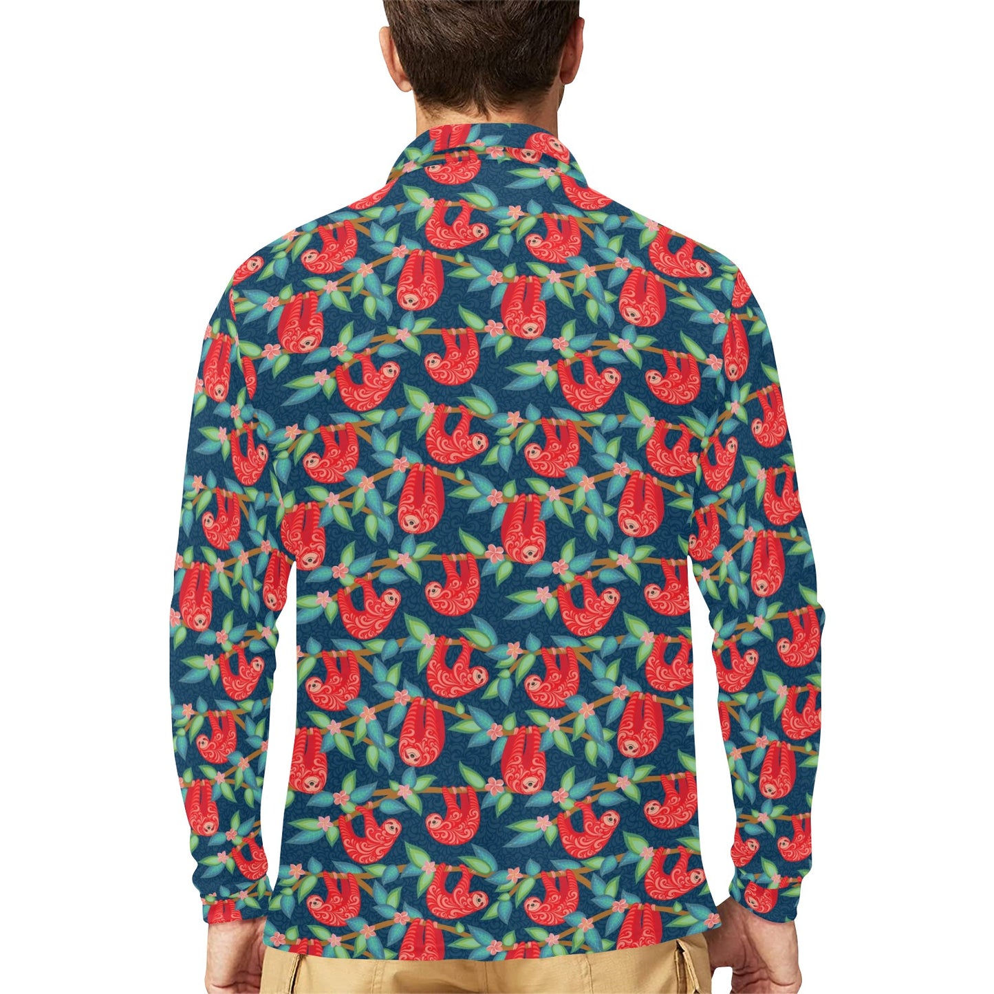 Sloth Red Design Themed Print Long Sleeve Polo Shirt For Men's