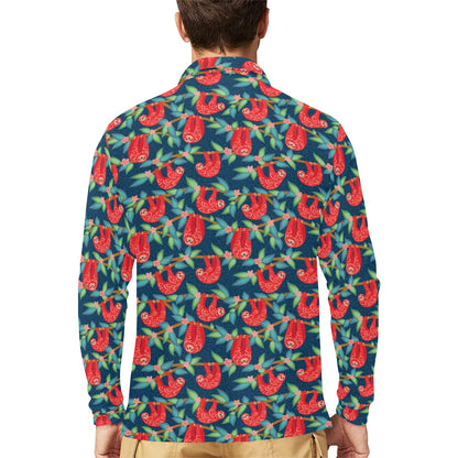 Sloth Red Design Themed Print Long Sleeve Polo Shirt For Men's