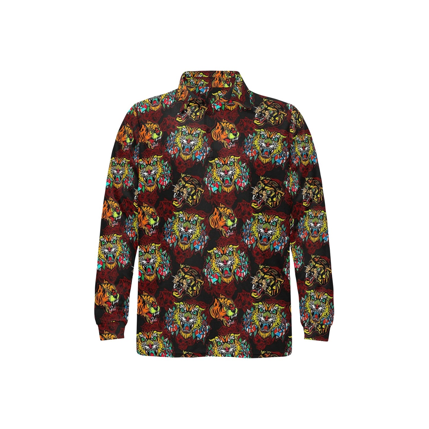 Tattoo Tiger Colorful Design Long Sleeve Polo Shirt For Men's
