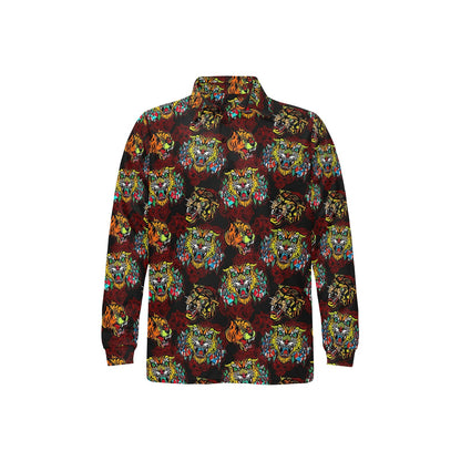 Tattoo Tiger Colorful Design Long Sleeve Polo Shirt For Men's