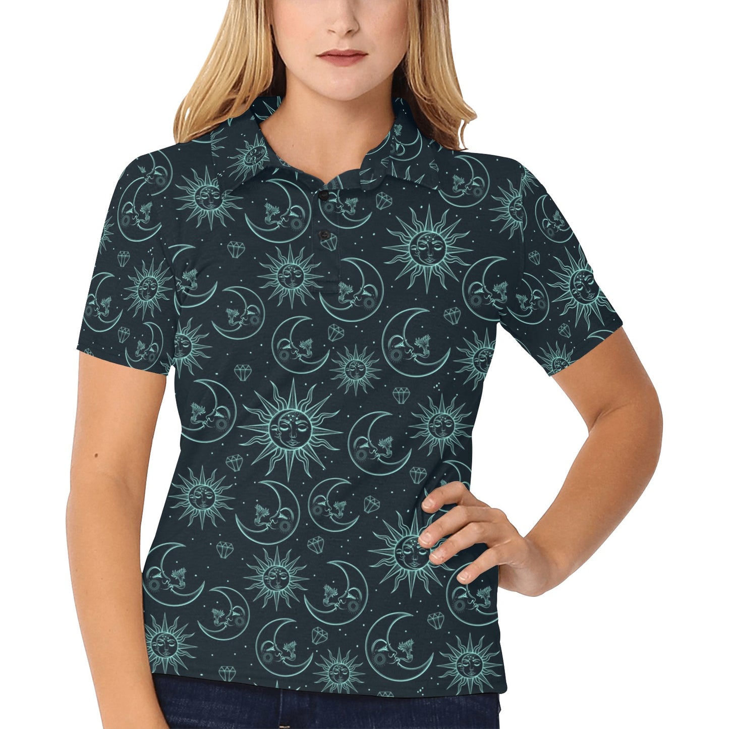 Sun Moon Magic Design Themed Print Women's Polo Shirt