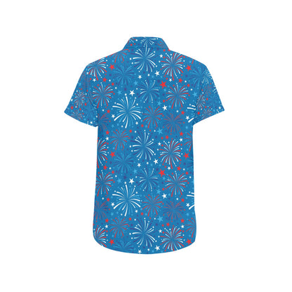 Firework Celebration Print Design LKS304 Men Short Sleeve Button Up Shirt