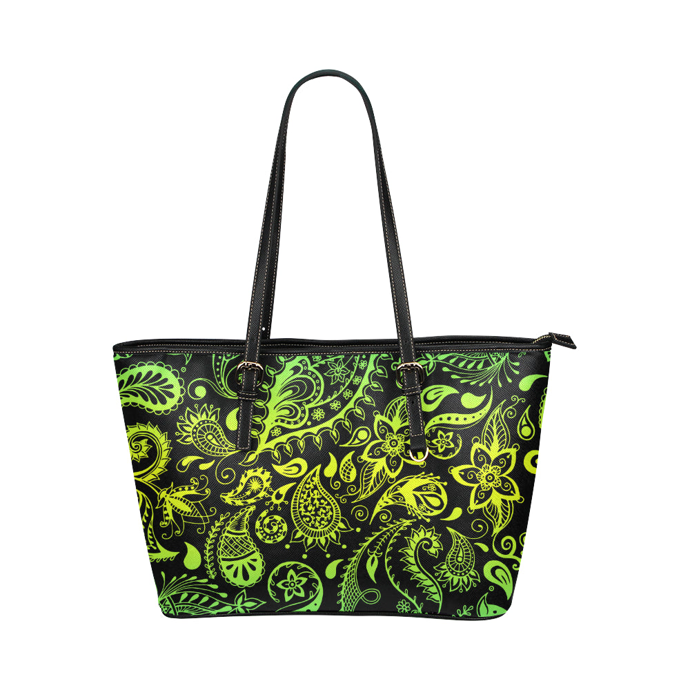 Paisley Green Design Print Leather Tote Bag
