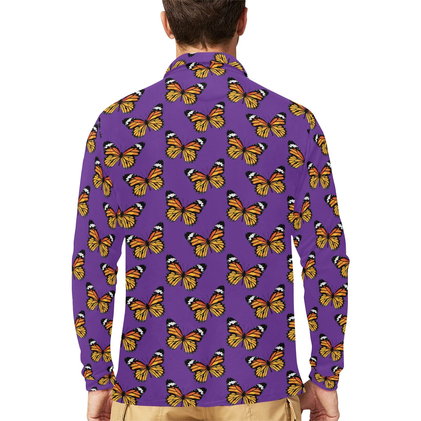 Monarch Butterfly Purple Print Pattern Long Sleeve Polo Shirt For Men's