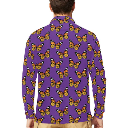 Monarch Butterfly Purple Print Pattern Long Sleeve Polo Shirt For Men's