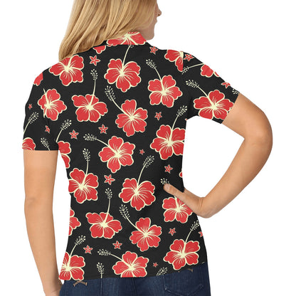 Red Hibiscus Pattern Print Design HB021 Women's Polo Shirt