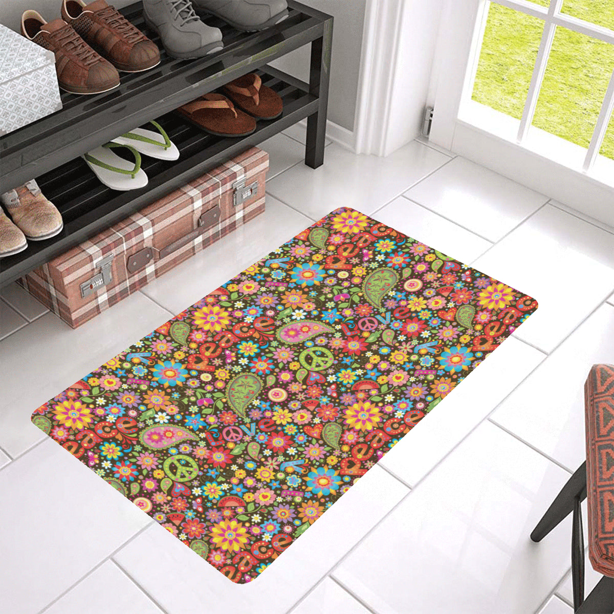 Flower Power Peace Paisley Themed Print Rubber Doormat