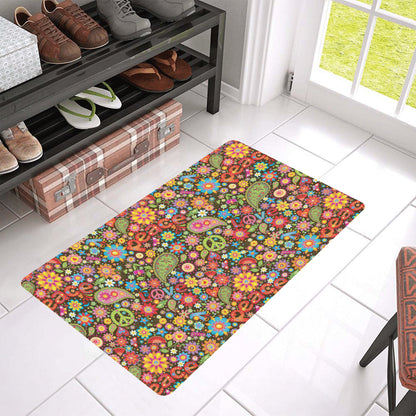 Flower Power Peace Paisley Themed Print Rubber Doormat