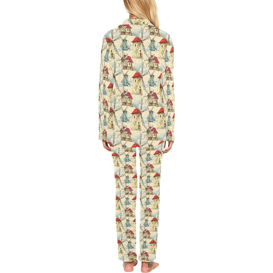 Windmill Pattern Print Design 01 Women's Long Pajama Set