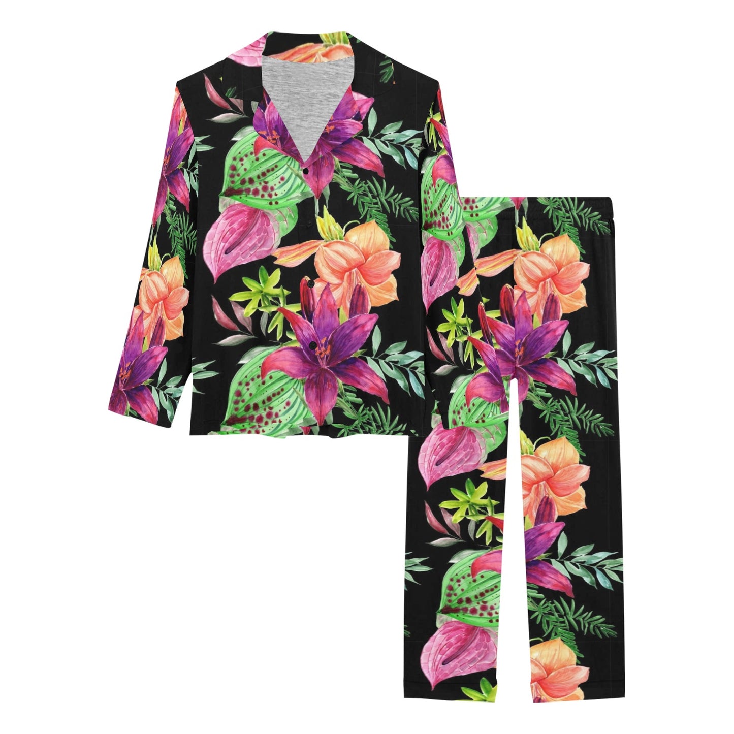 Amaryllis Pattern Print Design AL09 Women's Long Pajama Set