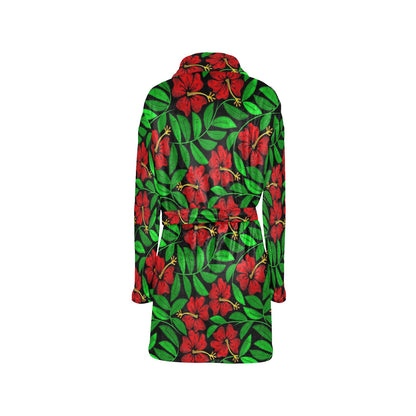Red Hibiscus Embroidered Pattern Print Design HB032 Women's Fleece Robe